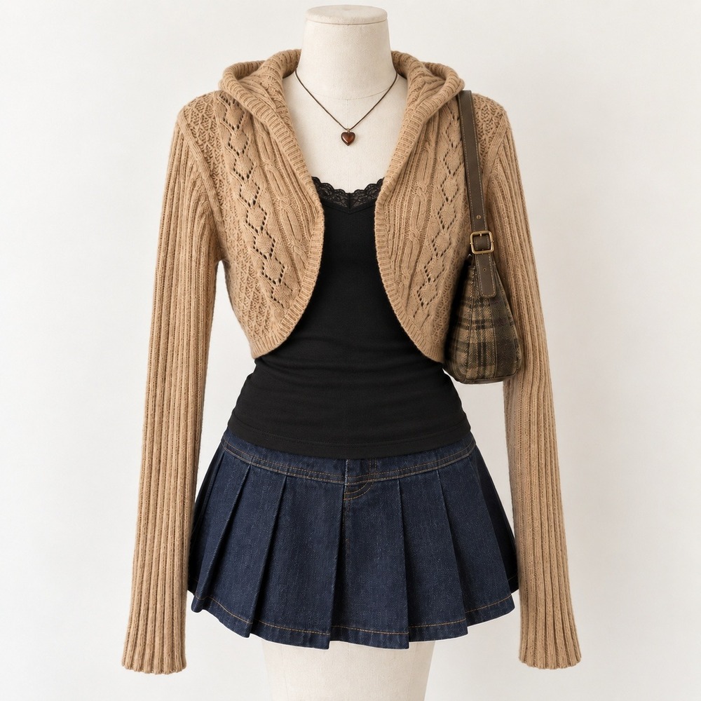 Y2K Cropped Hooded Shrug Womens S Brown Cable Knit Long Sleeves 2000s Bratz